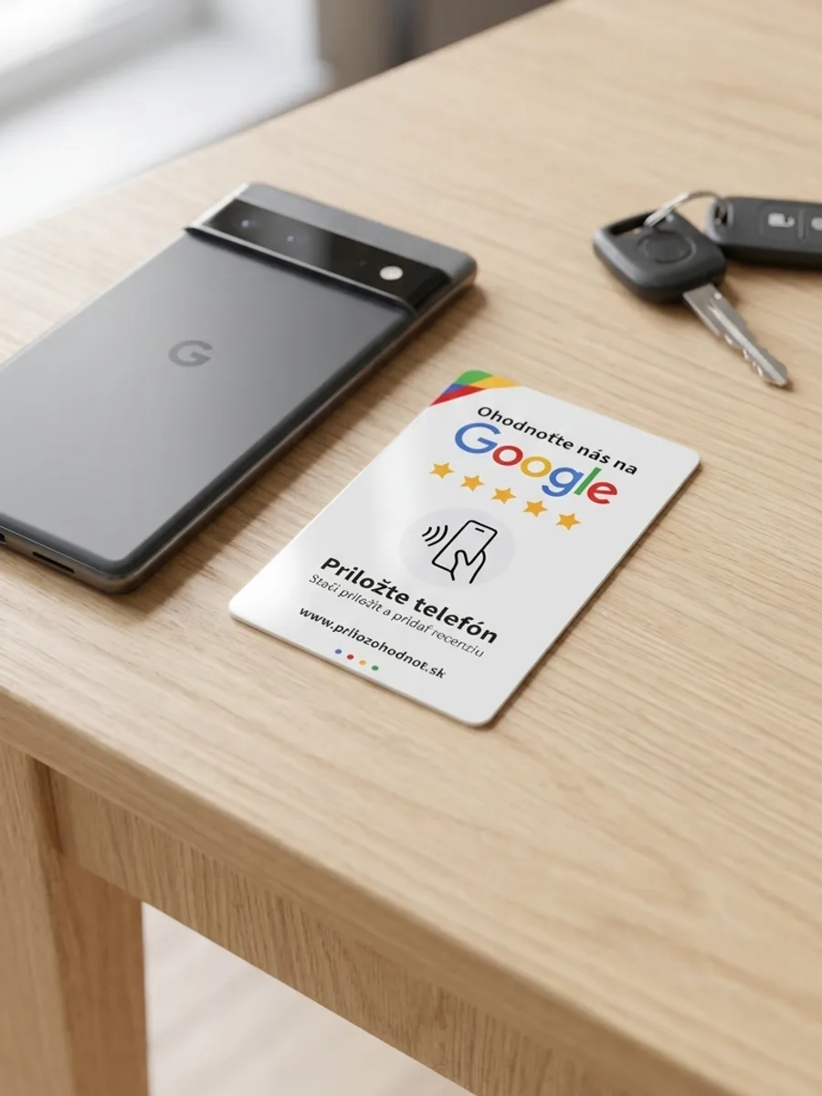 NFC kartička Prilož ohodnoť položená na stole vedľa telefónu a kľúčov