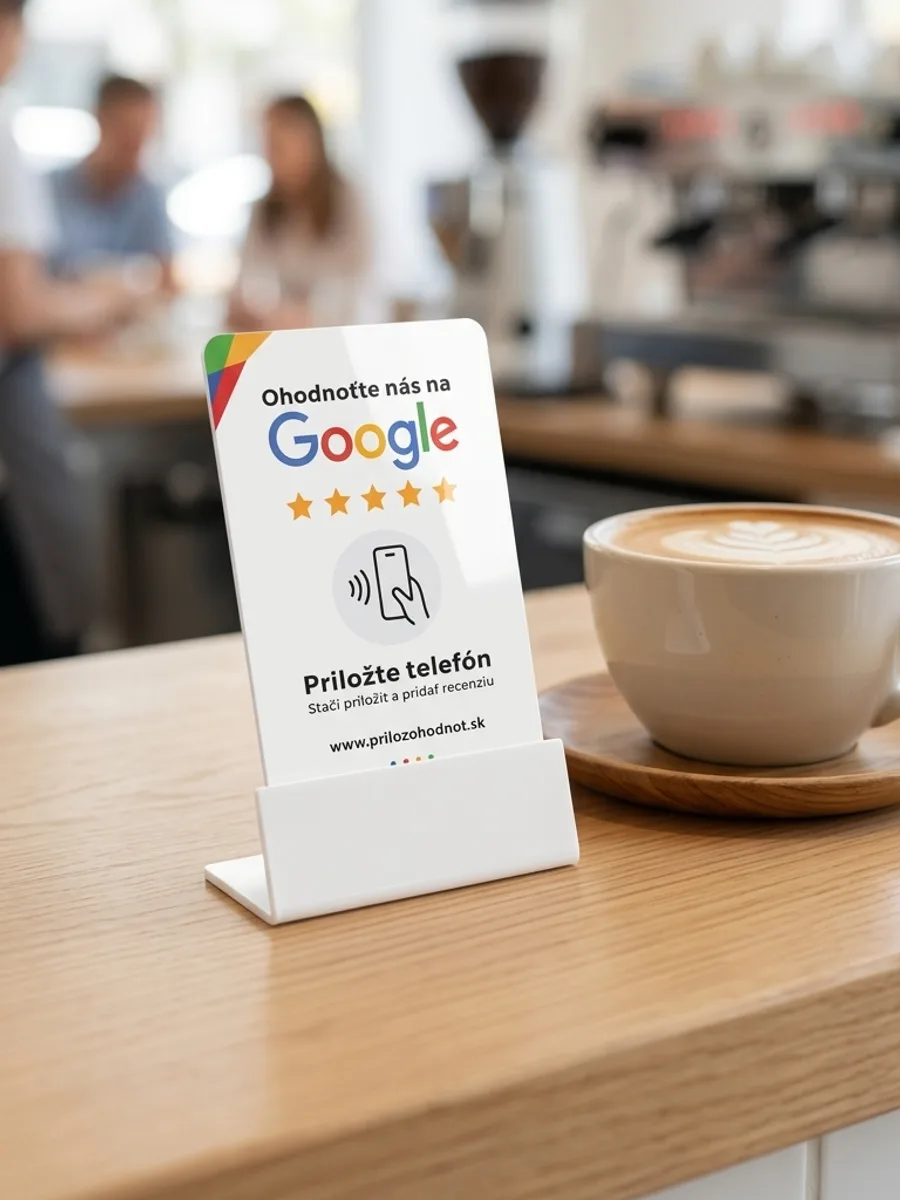 NFC kartička Prilož ohodnoť v bielom stojančeku na pulte kaviarne vedľa šálky kávy